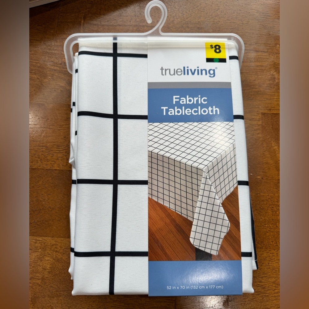 TrueLiving White Fabric Tablecloth with Black Grid Pattern New